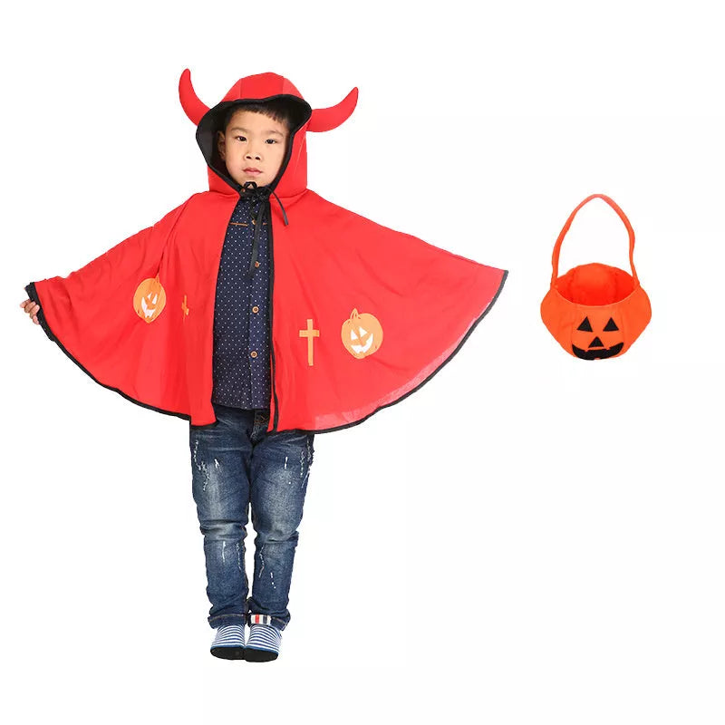 Children's Halloween costume in knitted polyester, available in red, yellow, black, and purple