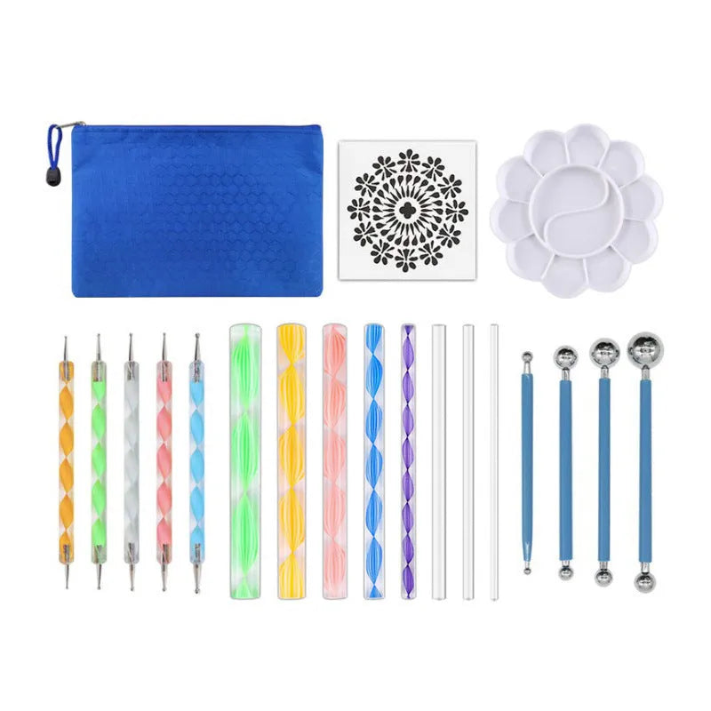 Pottery tool set with wood carving tools and acrylic rollers in blue pen bag packaging
