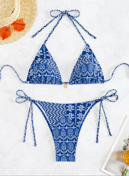 Women's bandage swimsuit with split bikini printing and stitching detail in polyester fabric