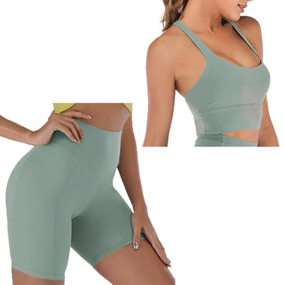 Women's yoga outfit set with chest pad, glossy nylon spandex, no steel ring, green or purple gray, sizes S-L.