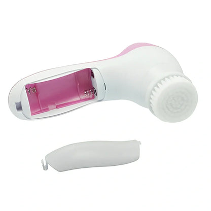 Pink electric facial cleanser with 5 attachments including soft brush, rolling massager, and sandstone head for skincare