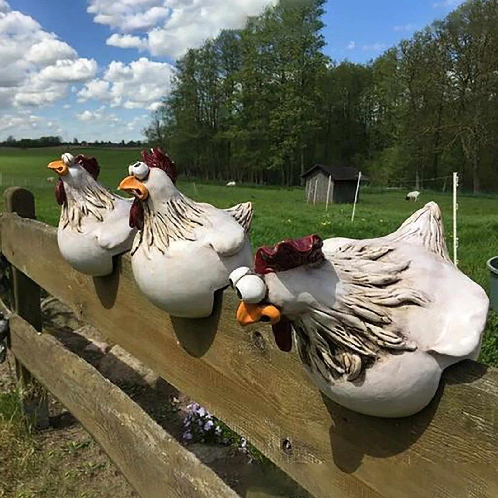 Resin chicken garden statue with vibrant colors and a playful design, perfect for adding charm to outdoor spaces