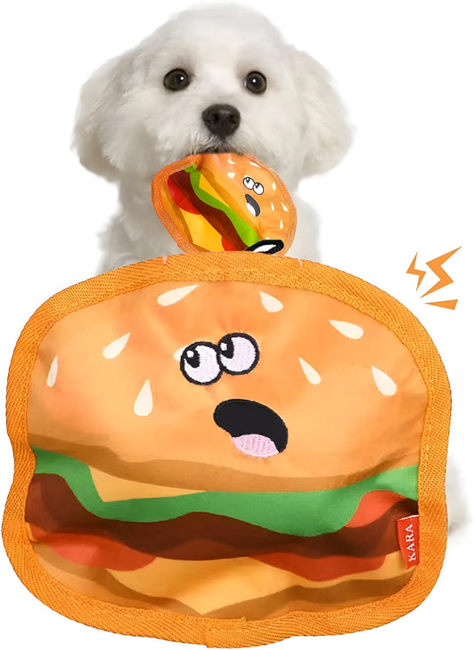Food-themed crinkle and squeak dog toy in hamburger design for interactive play