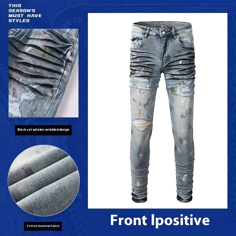 Men's light blue ripped slim fit jeans with tapered leg, double layer belt and zipper fly, sizes 28-40.