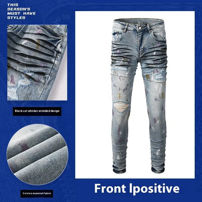 Men's light blue ripped slim fit jeans with tapered leg, double layer belt and zipper fly, sizes 28-40.