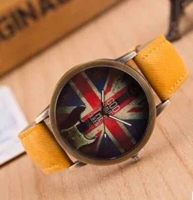 UK flag wrist watch with Union Jack dial, antique bronze finish, metal case and leather strap