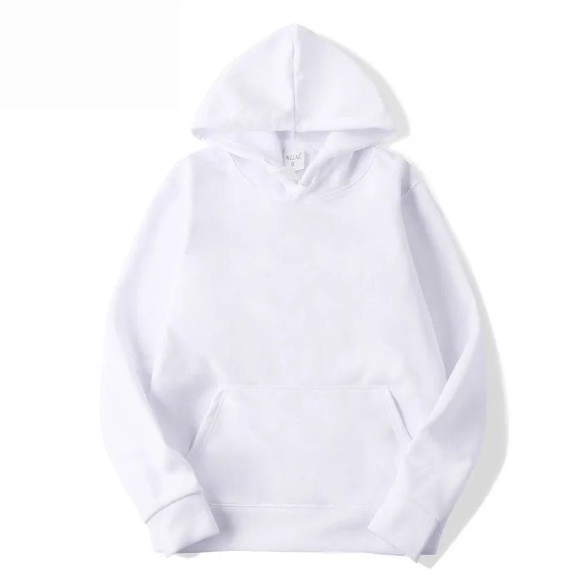 Men's and women's solid colour cotton blend hoodie with hood and long sleeves, shown in white.