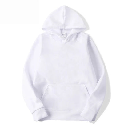 Men's and women's solid colour cotton blend hoodie with hood and long sleeves, shown in white.