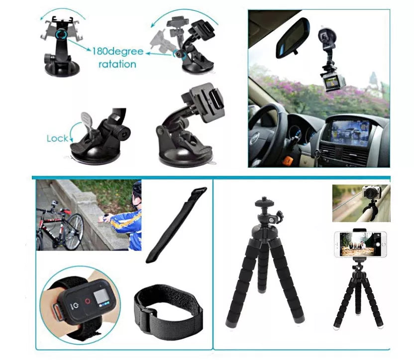Camera accessories kit with 360-degree rotation clip and multiple mounts for versatile photography