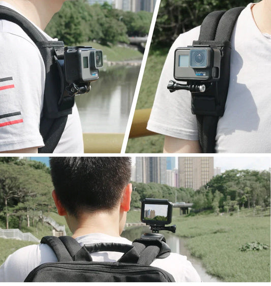 Camera backpack clip holder in black, made from durable POM/PVC plastic and polyester cloth