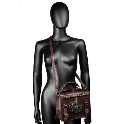 Bronze steampunk industrial retro style PU leather shoulder bag with metal details and a square pillow shape.