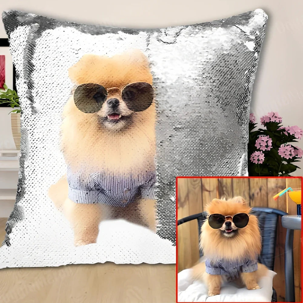 Custom photo sequin cushion cover with 40cm dimensions showing gold and silver luminous design options