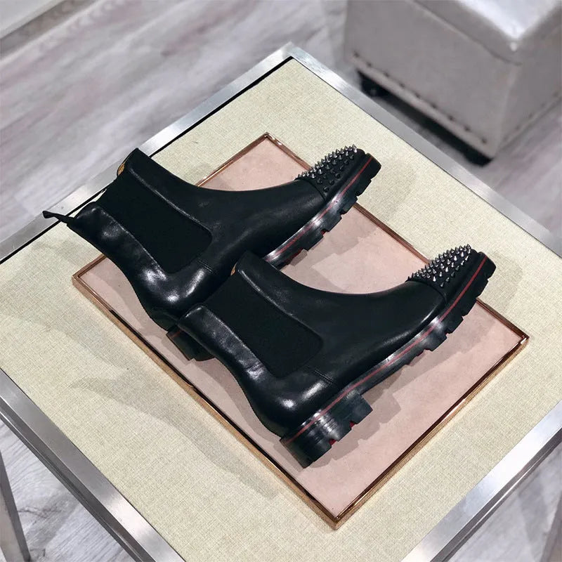 High-top leather business shoes in black with cowhide upper and leather sole, showing ankle coverage and structured design