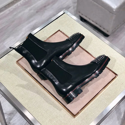 High-top leather business shoes in black with cowhide upper and leather sole, showing ankle coverage and structured design