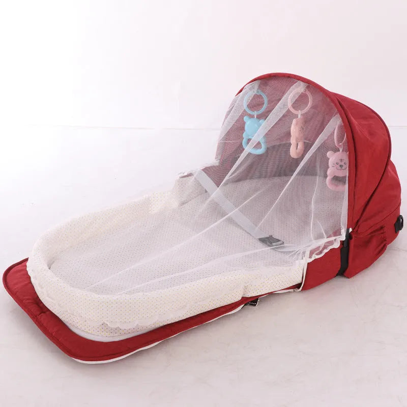 Portable foldable baby bed with mosquito net, cotton linen fabric, unfolded 88x45x12.5cm
