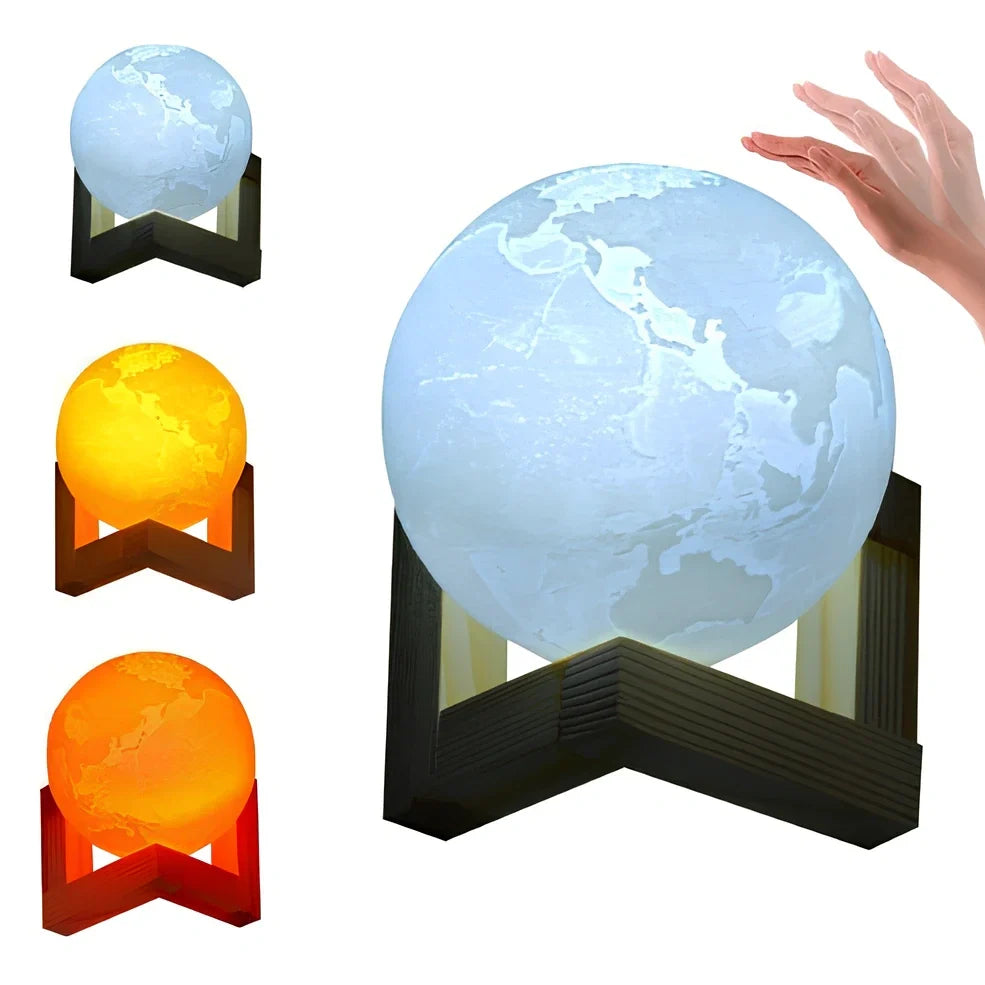 3D printed Earth and Jupiter lamps with touch control and solid wood bases in various sizes from 8cm to 22cm