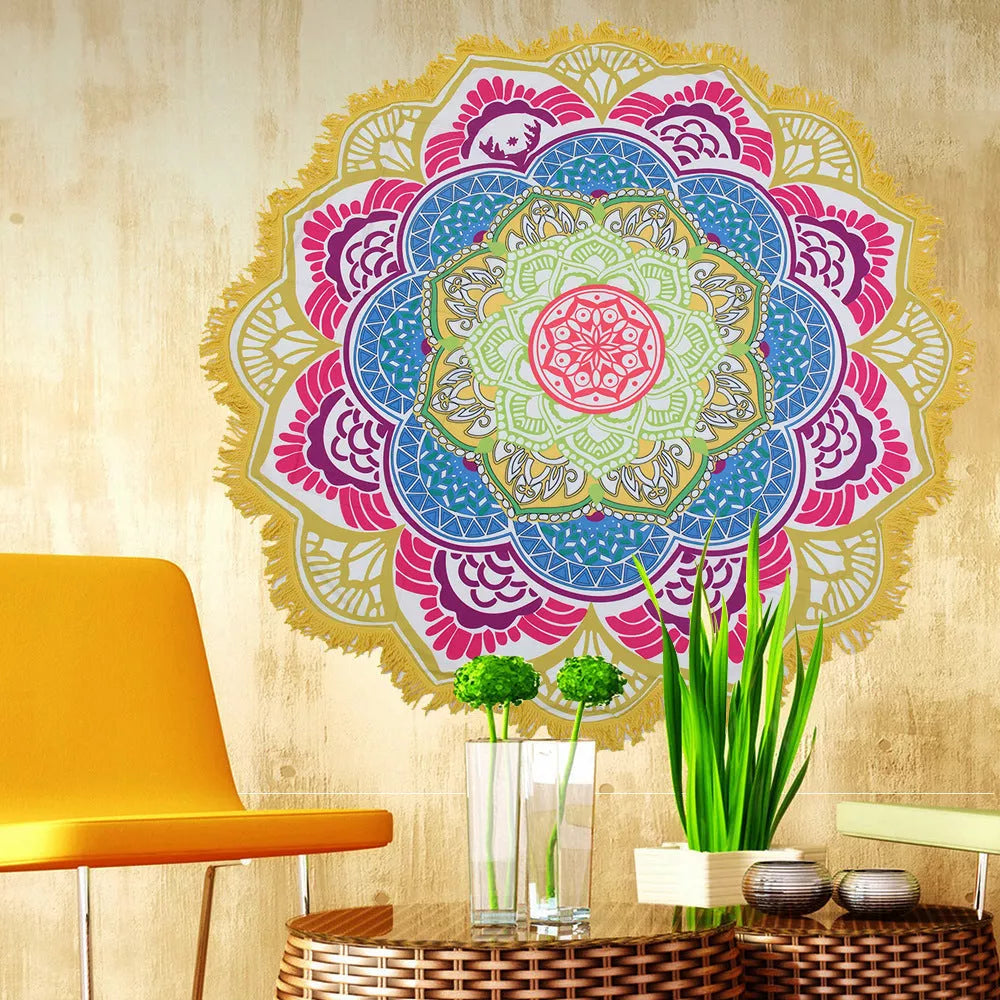 Round printed polyester towel mat for beach, yoga, and home decor with vibrant 3D patterns