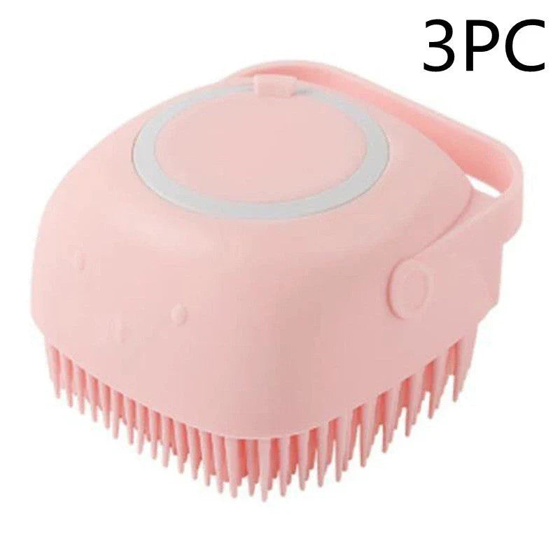 Silicone pet bath brush with shampoo dispenser, designed for gentle grooming and soothing massage