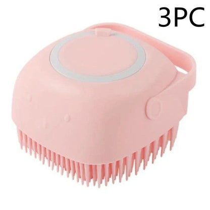 Silicone pet bath brush with shampoo dispenser, designed for gentle grooming and soothing massage