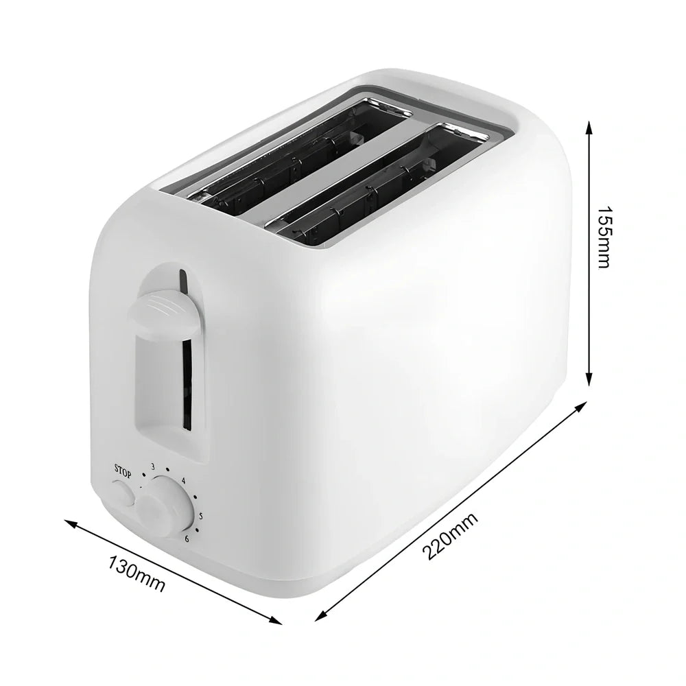 White automatic toaster with six heat settings and stainless steel interior measuring 23cm wide