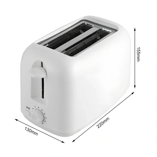White automatic toaster with six heat settings and stainless steel interior measuring 23cm wide