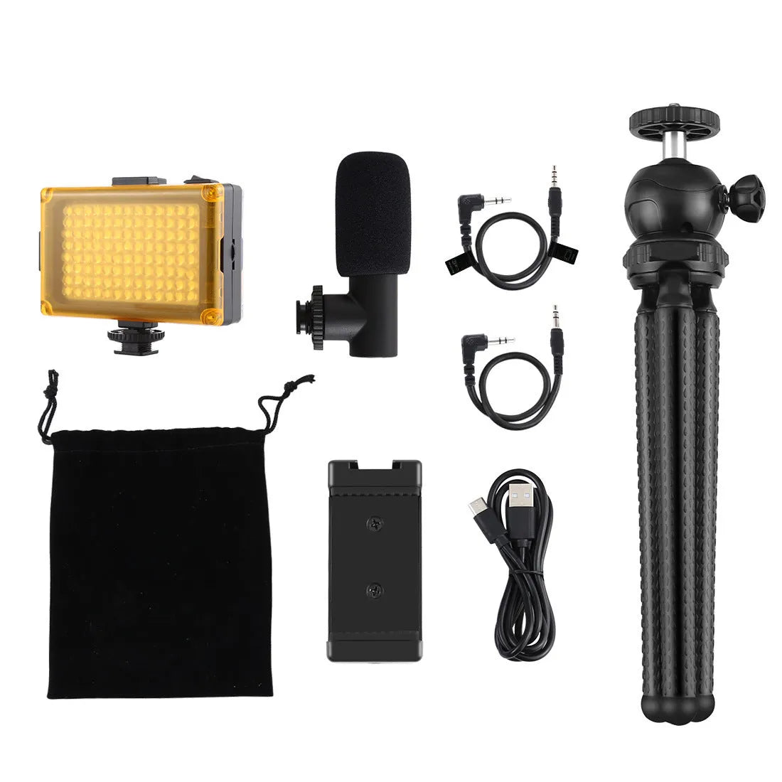 Black flexible phone tripod with integrated fill light and microphone for Apple iPhone live streaming
