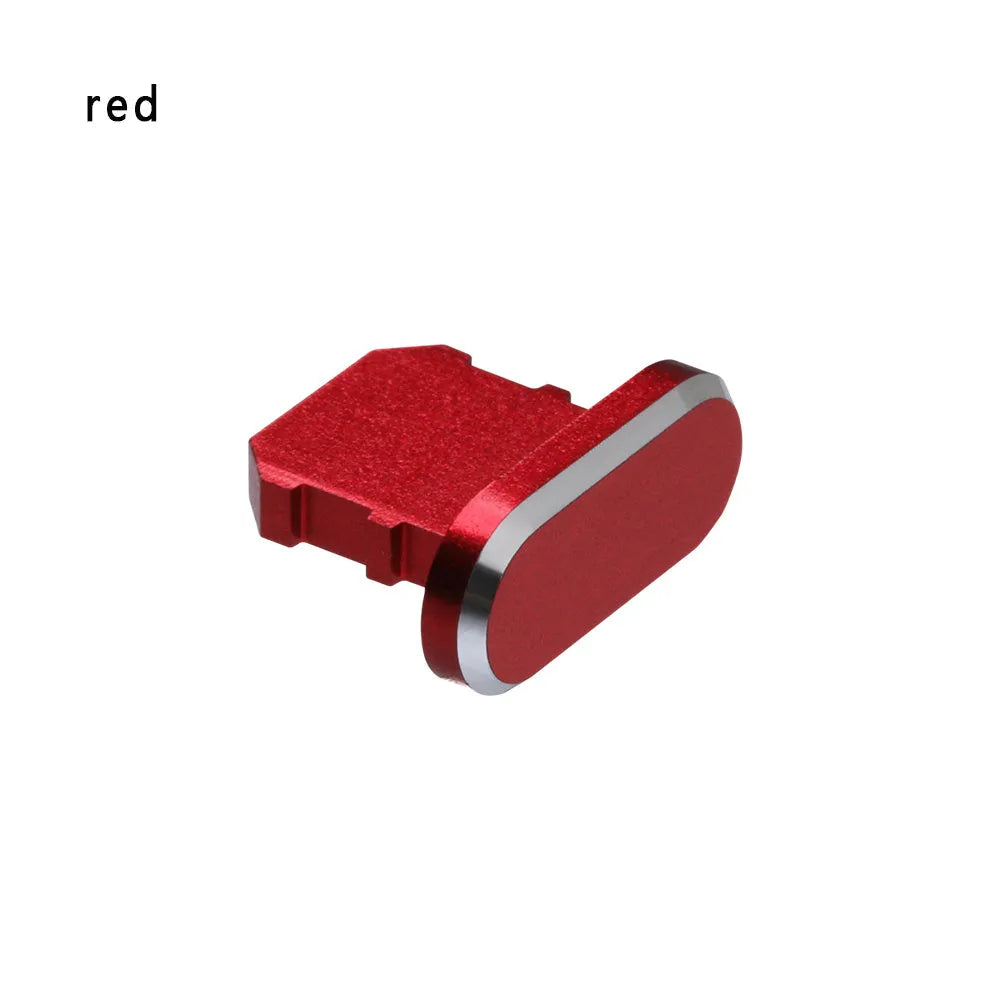Aluminium alloy dust plug for iPhone Lightning charging port in various metallic colours.