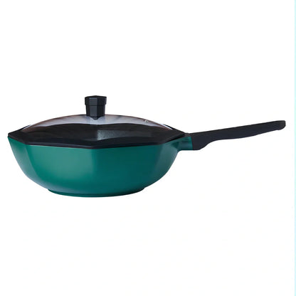 Green star anise wok pan with 30cm diameter cooking surface and 9cm depth side walls
