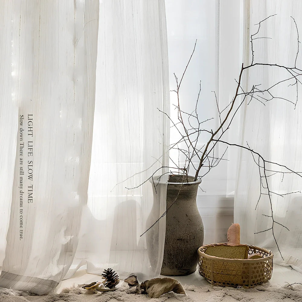 White Nordic linen curtain panel, hemp polyester blend, 1.0m width by 1.3m height, plain pattern for light diffusion