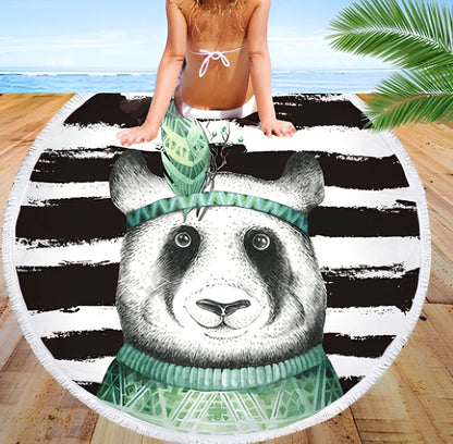 Round blue beach towel with panda design showing 140cm diameter and cushion roll function