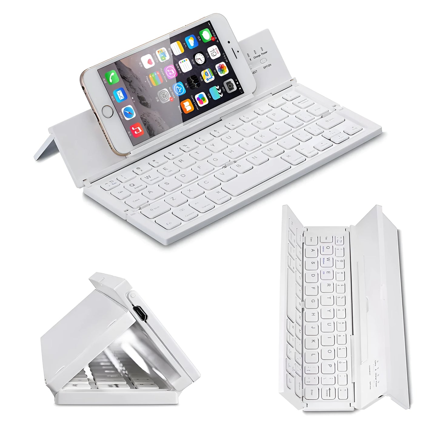 Black folding Bluetooth keyboard for tablets showing compact 5.8-inch size with wrist support extended