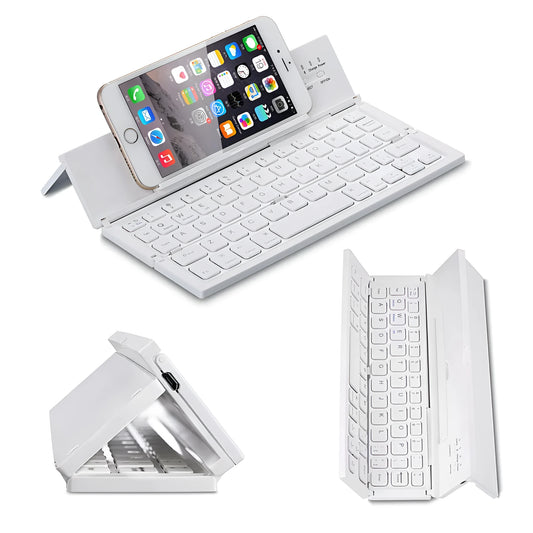 Black folding Bluetooth keyboard for tablets showing compact 5.8-inch size with wrist support extended