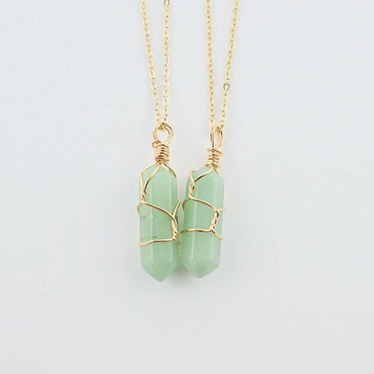 Geometric hexagonal quartz pendant necklace in various colors with copper wire and gold chain