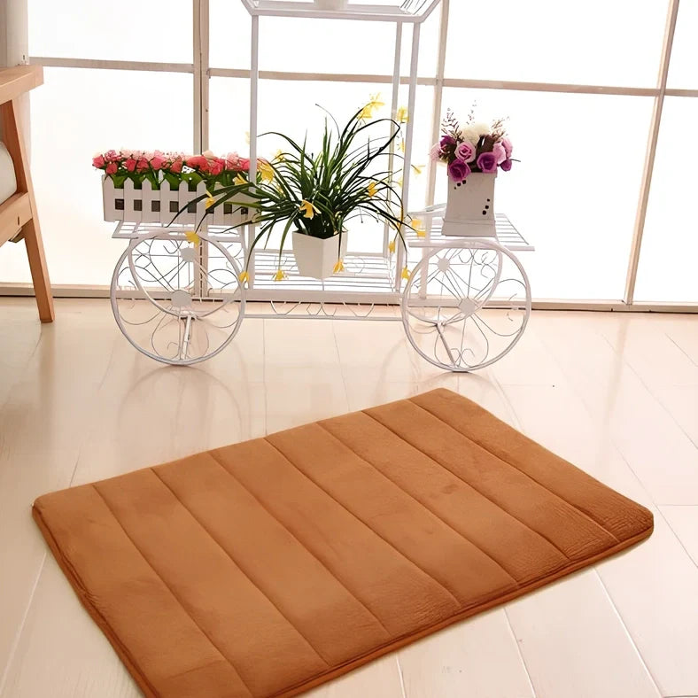 Memory foam bathroom carpet with coral fleece surface and non-slip latex backing in beige colour