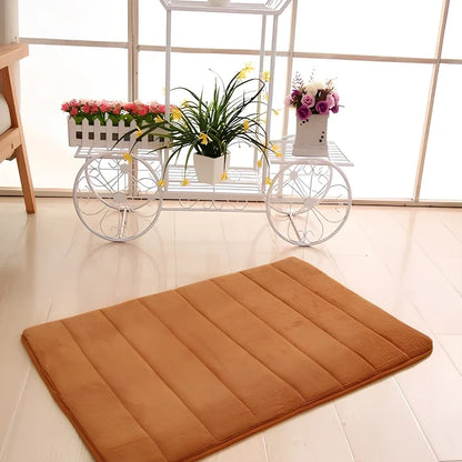 Memory foam bathroom carpet with coral fleece surface and non-slip latex backing in beige colour