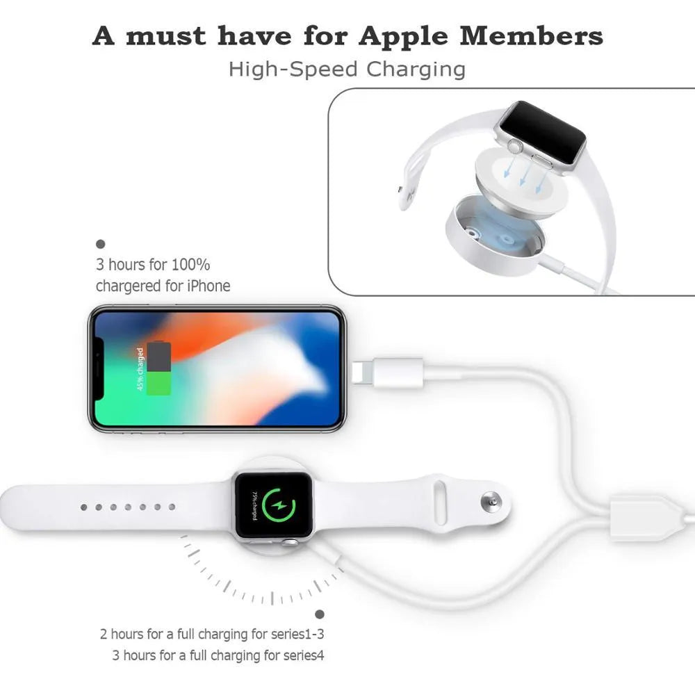 White two-in-one wireless watch charger with USB cable connector