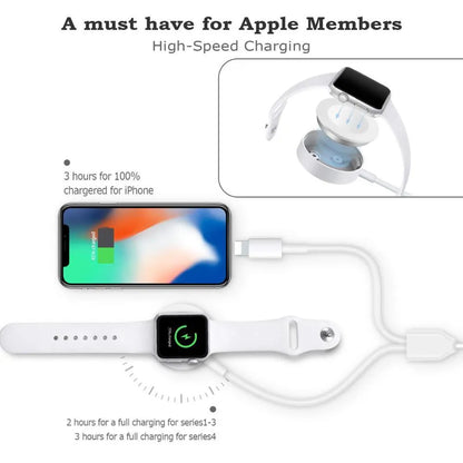 White two-in-one wireless watch charger with USB cable connector