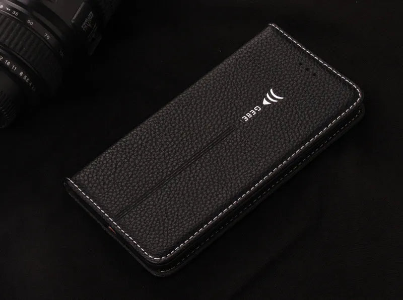 Black PU leather wallet case for iPhone X with cards stored inside