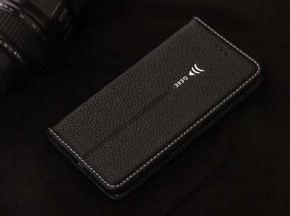 Black PU leather wallet case for iPhone X with cards stored inside