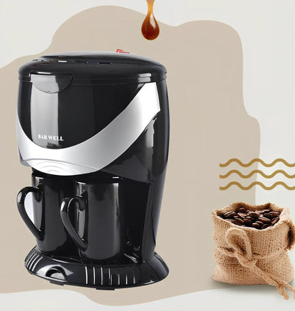 Automatic American coffee machine in black brewing two cups simultaneously with included 180ml ceramic cups and 5g spoon