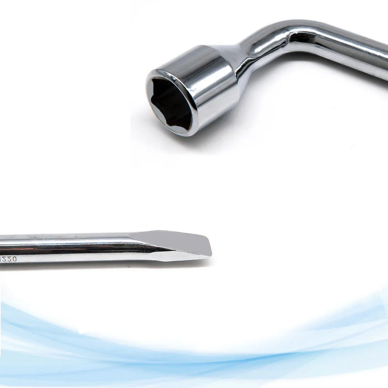 Socket wrench tool in L-shaped design with a 19mm hexagonal head manufactured from CR-V steel for automotive, construction, and home repair mechanical work, a professional-grade wrench type available in standard finish.