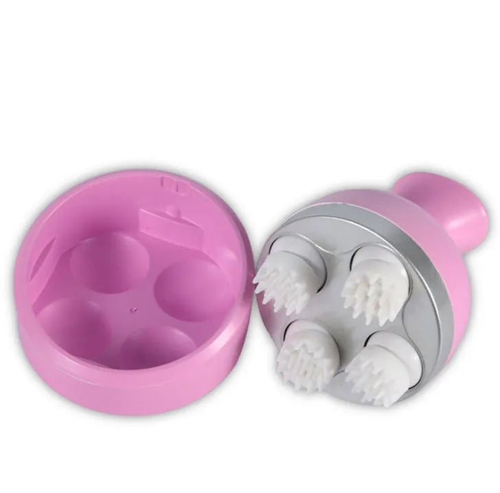 Blue electric scalp massager with four claw massage heads, IPX7 waterproof, rechargeable cradle base, 11x14cm