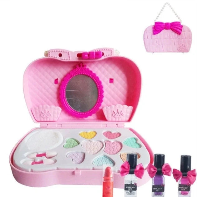 Children's cosmetic toys makeup box with four play accessories including makeup remover paper, nail polish, and lipstick