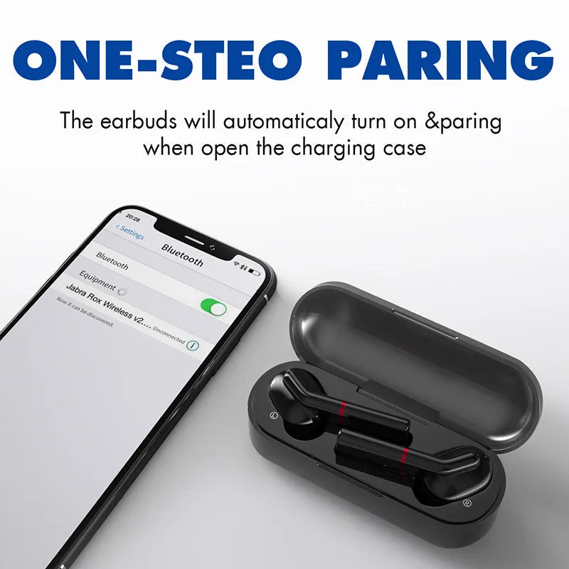 VV1 black and white Bluetooth earphones with a compact charging case on a table.