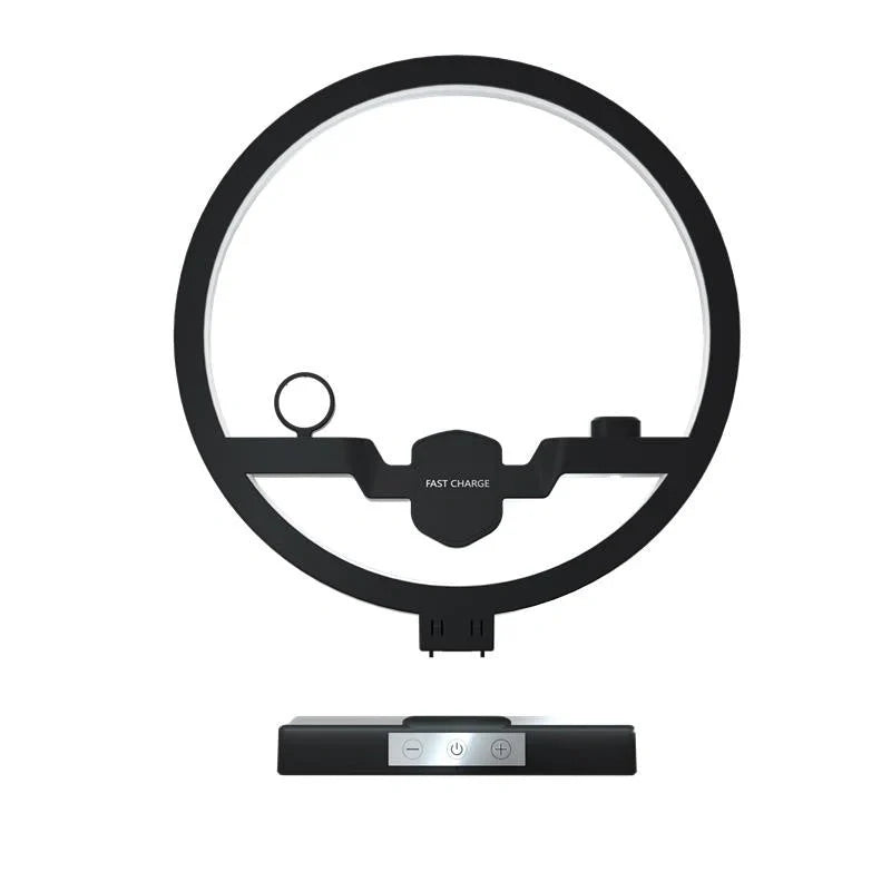 Sleek black bedside lamp with wireless charging pad for iPhone, AirPods, and Apple Watch