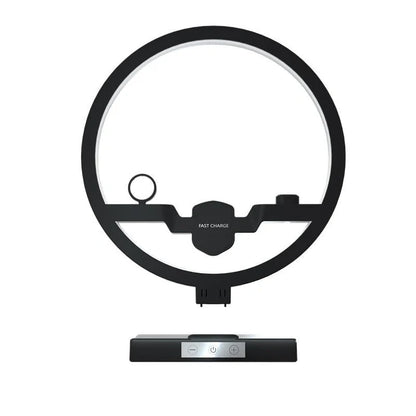 Sleek black bedside lamp with wireless charging pad for iPhone, AirPods, and Apple Watch