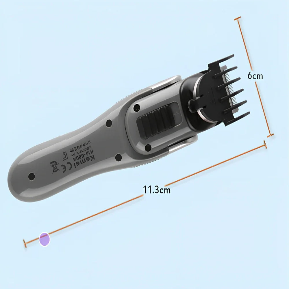 Silver multi-function hair clipper measuring 17x4.5cm with nine grooming accessories including nose hair trimmer