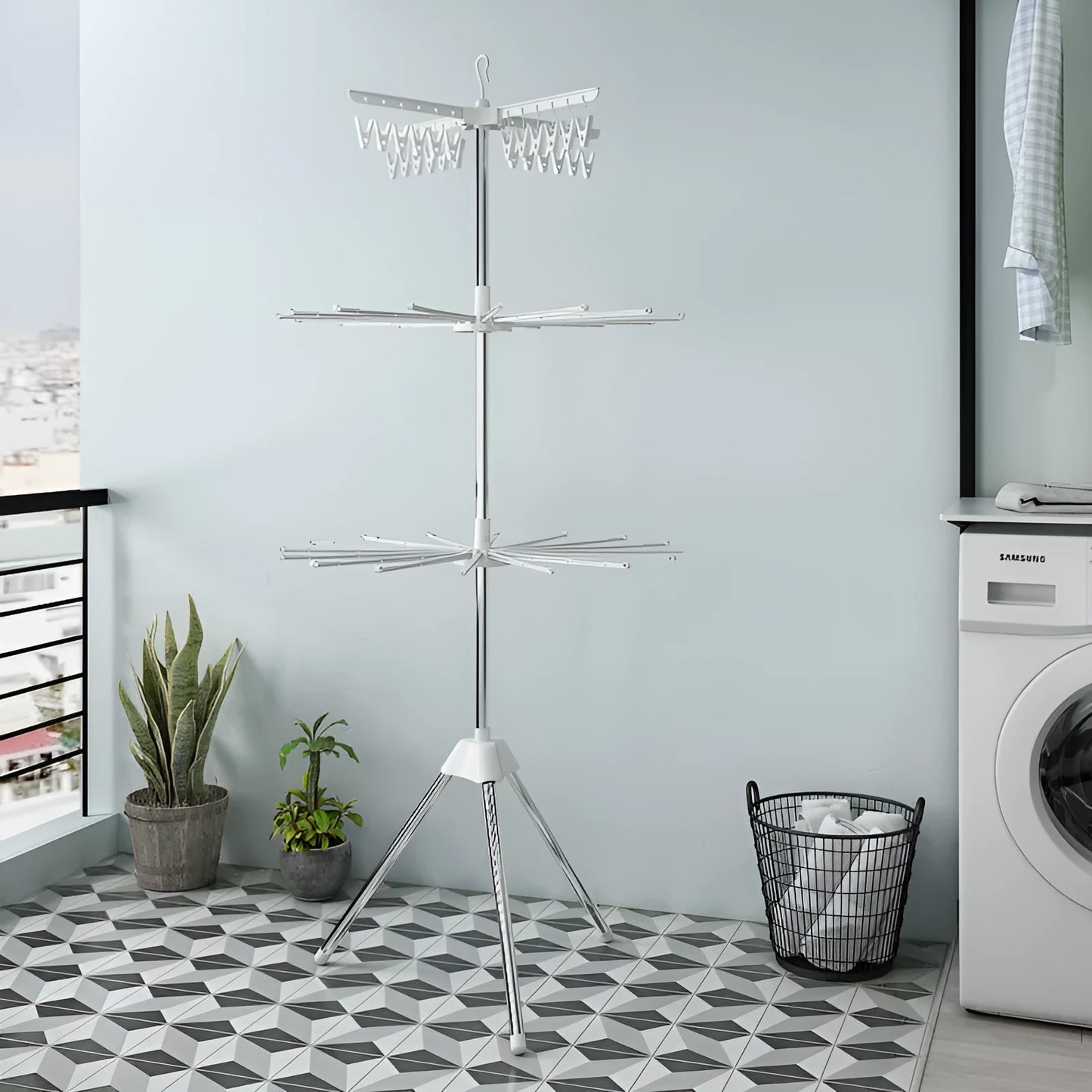Stainless steel mobile drying rack with three layers and plastic clip separation