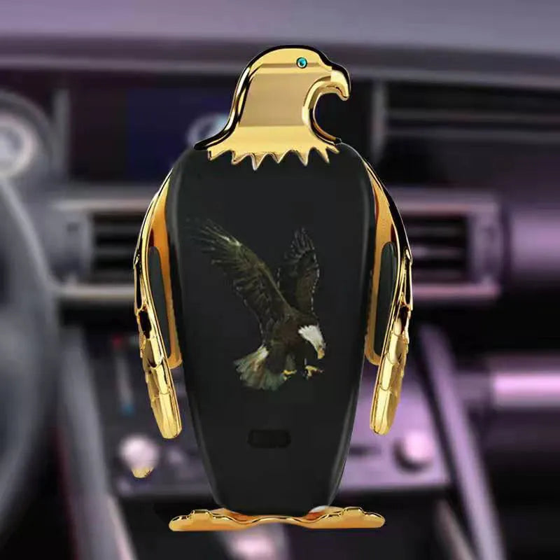 Eagle design car phone holder with wireless charging base and suction cup mount in two-tone colours.