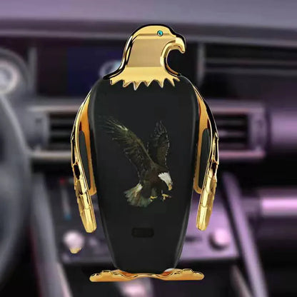 Eagle design car phone holder with wireless charging base and suction cup mount in two-tone colours.